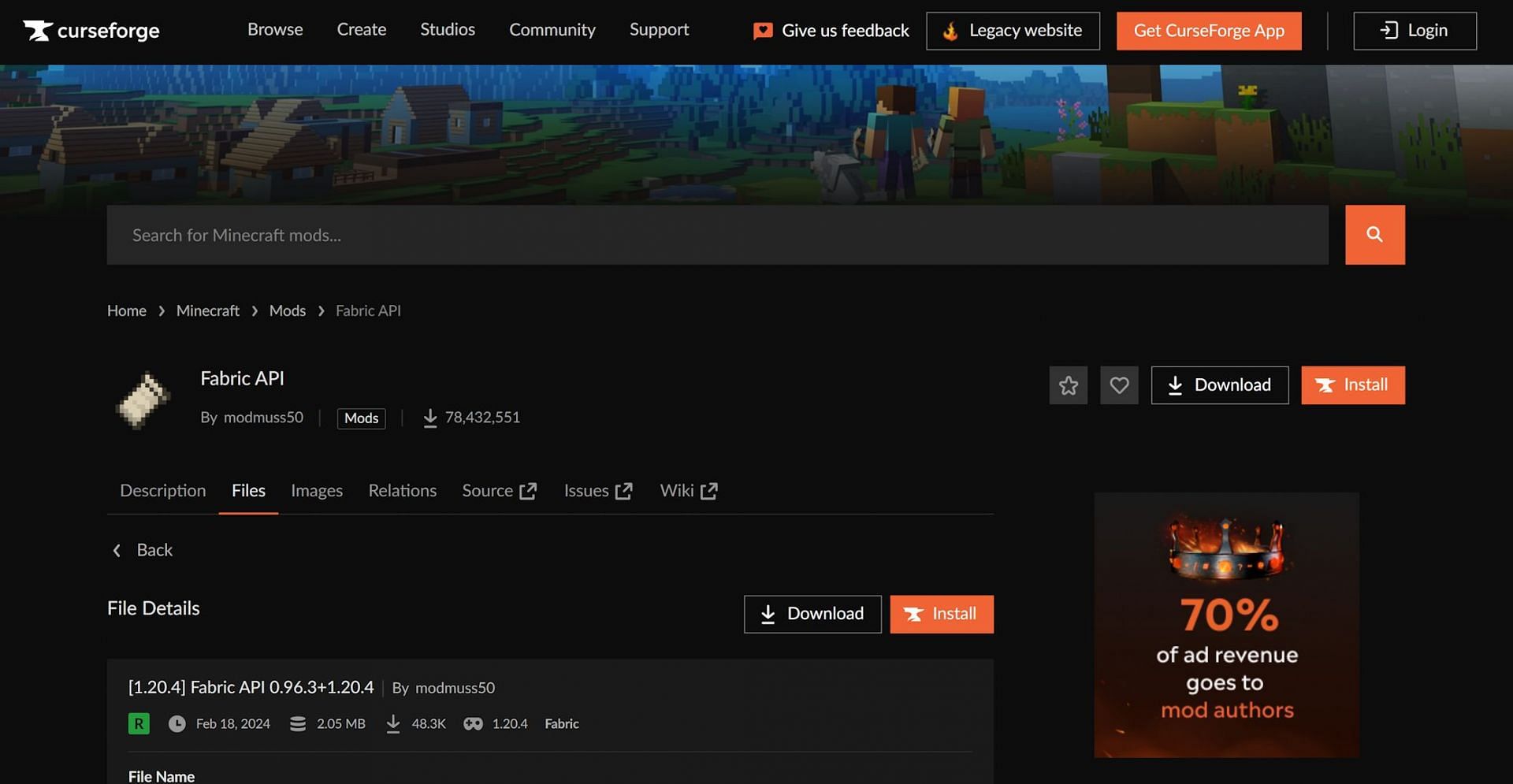 The Fabric API's CurseForge page (Image via CurseForge)